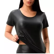 Camiseta Baby Look Estilo Couro Malha Cirrê Brilho Feminina 