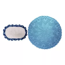 Kit Tapete De Crochê Corações 1,18m E Oval Azul Branco 75cm