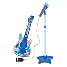 Set Guitarra Microfono Pedestal Juguete Mp3 Luces Azul