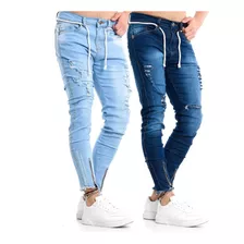 Kit 2 Calças Jeans Masculina Destroyed Rasgada Skinny Lycra