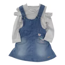 Kit Vestido Jardineira Jeans + Blusa Menina Paraiso Rf 13233