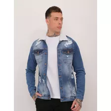 Jaqueta Jeans Masculina Rasgada Com Pelinho Na Gola (9003)