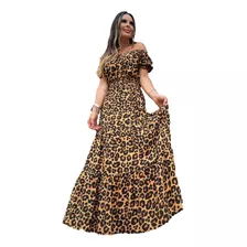 Vestido Ciganinha Longo Com Babados Animal Print