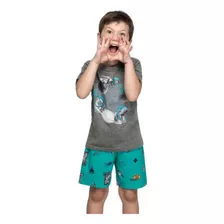 Pijama Infantil Meninos Camiseta E Bermuda T Rex Space Elian