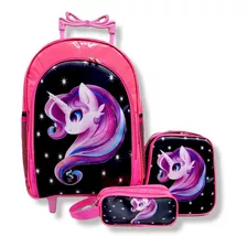 Mochila Unicornio Rodinhas Brilho Pink Glitter Lancheira Kit