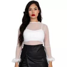 Blusa Panama Mesh Transparencias Manga Larga Pluma Fiesta