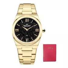 Relógio Feminino Dourado Com Strass Backer 3645145f + Brinde
