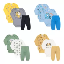 Kit Roupa Bebe Algodão 12 Peças Body Manga Longa Calça Mijão