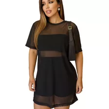 Conjunto Camisetão Tule E Segunda Pele Preto