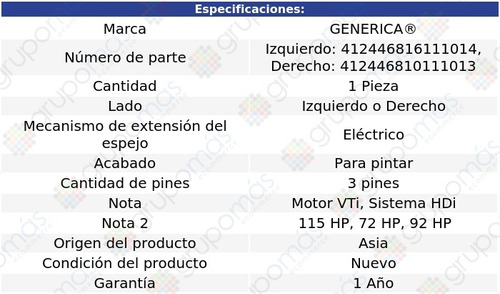 Espejo Der O Izq Elctrico P/pintar 3 Pines 301 13 Al 15 Foto 2