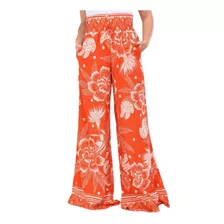  Calça Pantalona Bolso Viscose Cintura Alta Luxuosa Floral 