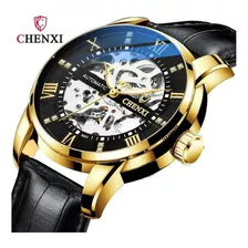 Relógio Automático Masculino Chenxi Hollow Out Leather Cor Do Fundo Golden Black