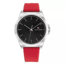 Reloj Tommy Hilfiger Hombre Modern Classic 1710615 Malla Rojo Bisel Plateado Fondo Negro
