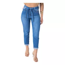 Calça Feminina Com Cinto Amarração Jeans Barra Dobrada Curta