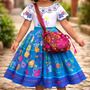Fantasia Mirabel Encanto Infantil Vestido Com Bolsa E Óculos Azul P 5 A 6 Anos