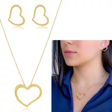 Conjunto Brinco Colar Coração Banhado Ouro Antialérgico Luxo