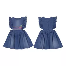 Vestido Infantil Jeans Azul Claro Com Detalhe Bordado Neon