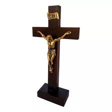Crucifixo Barroco De Mesa Cruz De Madeira C/ Pedestal 24,5cm