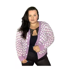 Casaco Cardigan Tricot Plus Size Grossa Xadrez Inverno Moda