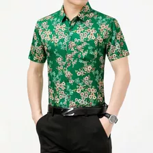 Blusa Masculina De Seda Gelada Floral De Manga Curta, Camisa