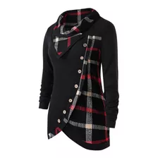 Blusa Feminina I Tops Manga Comprida Xadrez Gola Alta Tartan