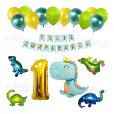 Combo Globos Dino Bebé + Nro + Banderín + Látex ( 16 U ) 