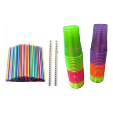 Kit Neon 200 Item Copo+canudos Festa Copo Descartavel-