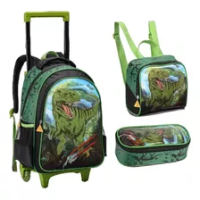 Kit Mochila Com Rodinhas Estojo Lancheira Masculina Infantil