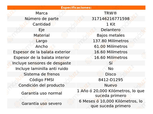 Balatas Bajos Metales Delanteras Para Kia Optima 2018 Trw Foto 3