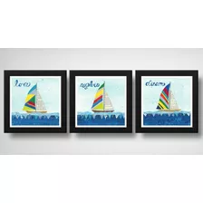 Kit 3 Quadros Veleiro Náutico Love Dream Mar Praia Decoracao