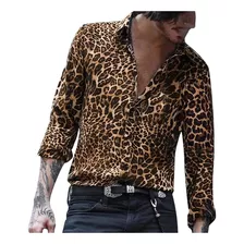 Camisa Hombre C Botones Estampado Leopardo Manga Larga 4214
