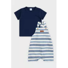 Conjunto Jardineira Marlan Bebê Menino Listras Camisa Leve