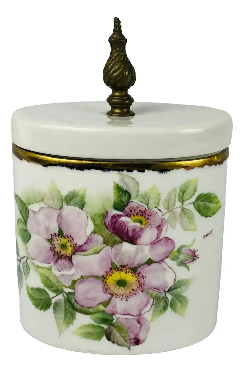Porta Joias Vintage Floral Pintado À Mão Pegador Em Bronze Branco