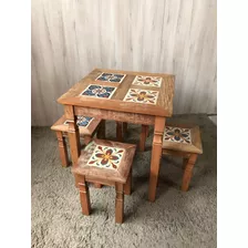 Conjunto Mesa Madeira De Demolição - Mesa + 2 Banquetas