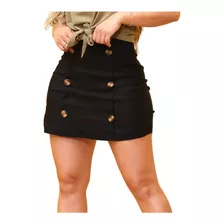 Short Saia Bengaline Botoes Feminino Preto Ziper E Elastano