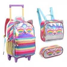 Kit Mochila Escolar Infantil Menina Gatinha Com Rodinhas