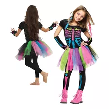 Fantasia Vestido Infantil Caveira Colorida Menina Halloween