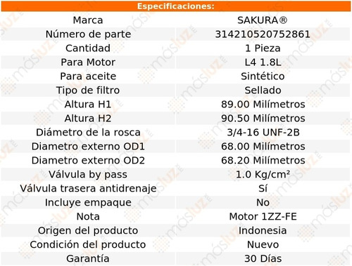 1) Filtro Aceite Toyota Celica 1.8l 4 Cil 00/05 Sakura Foto 3