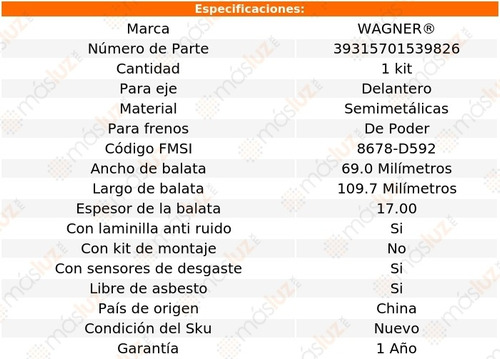 Kit Balatas Semimetalicas Del 406 3.0l 01-02 Wagner Foto 2