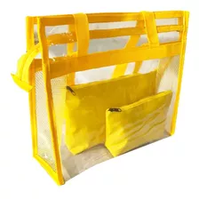 Bolsa De Praia Transparente Ombro Cristal Com 2 Necessaires Cor Amarelo Desenho Do Tecido Lisa