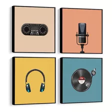 Quadro Decorativo Música Rádio Mic Fone Disco Colorido 32x32