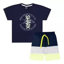 Conjunto Infantil Menino Camiseta Azul Marinho Bermuda Shark