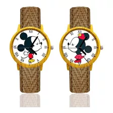 Reloj Pareja Mickey Y Minnie Tono Madera Marron Verde