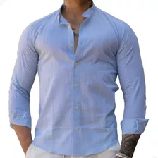 Camisa Masculina Conquest Manga Longa Em Linho Gola Padre