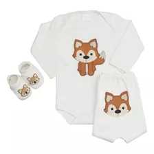 Kit Bebe 3pçs Animais Body + Tapa Fralda E Sapatinho Neutro