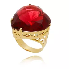 Anel De Coração Pedra Grande Vermelho Rubi Banhado A Ouro