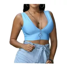 Blusa Cropped Alça Regata Decote V Profundo Feminina