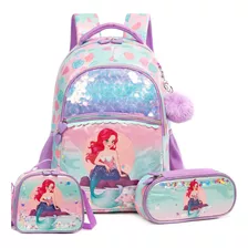 Mochila Con Diseño De Sirena Para Niñas, Con Lonchera Y Estu