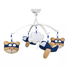 Móbile Musical Urso Ursinho Aviador Berço Bebê Azul Marinho