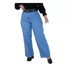 Calça Jeans Plus Size Wide Leg Com Cinto Preto Lisa Básica